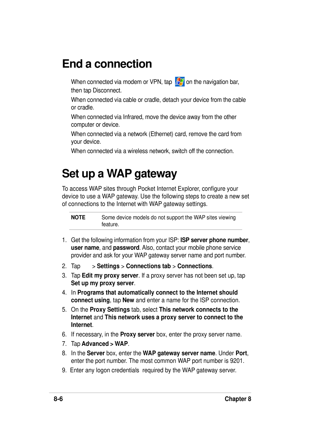 Asus 632, A636 manual End a connection, Set up a WAP gateway, Tap Advanced WAP 