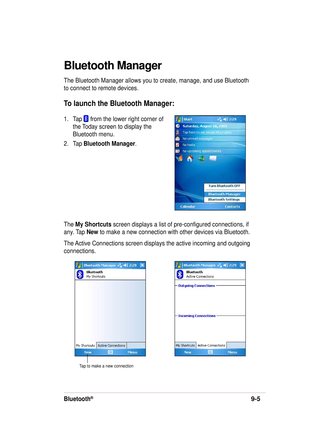 Asus 632, A636 manual To launch the Bluetooth Manager, Tap Bluetooth Manager 