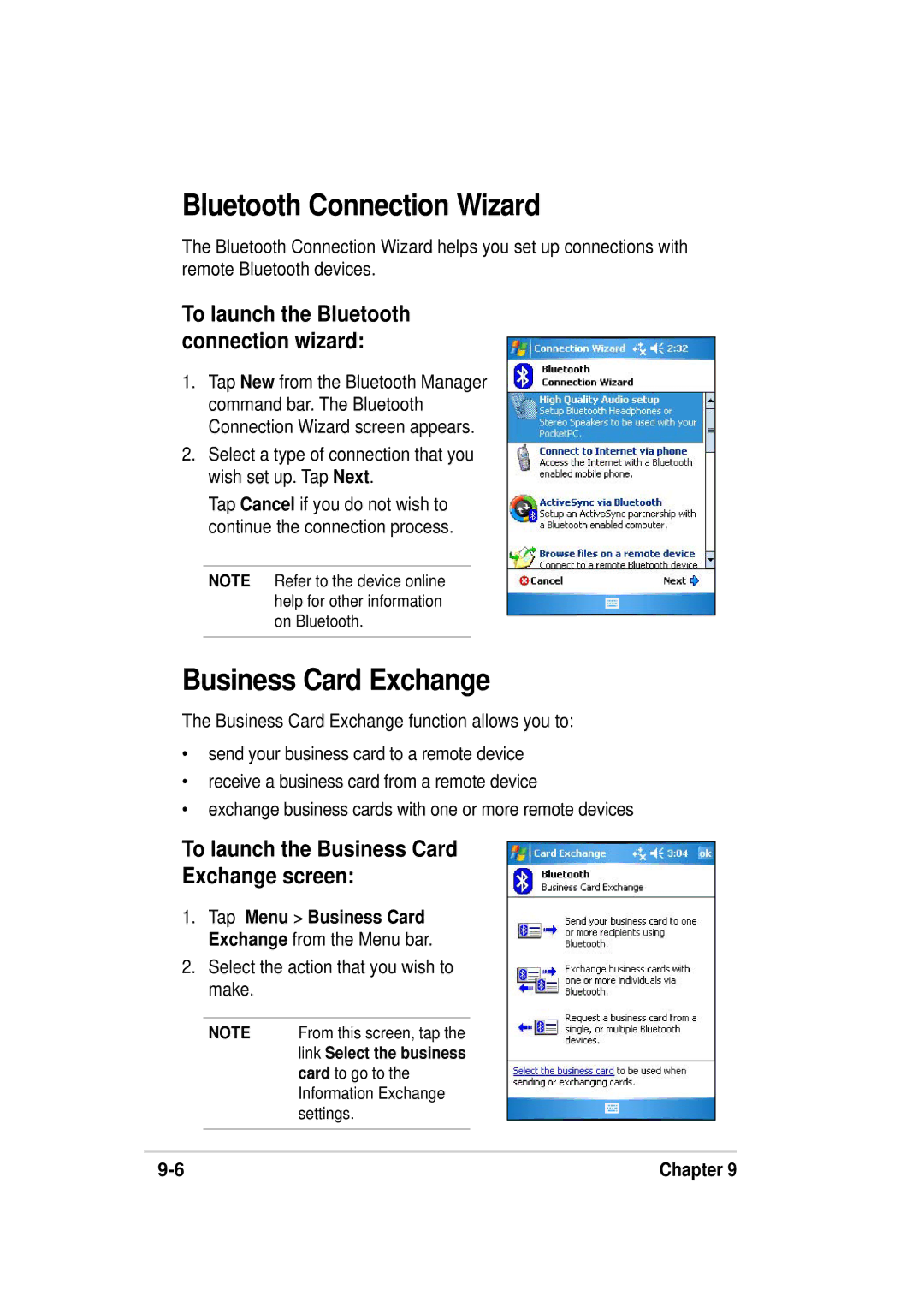 Asus A636, 632 manual Bluetooth Connection Wizard, To launch the Business Card Exchange screen 