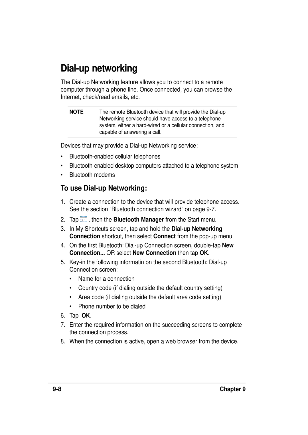 Asus A636, 632 manual Dial-up networking, To use Dial-up Networking, Tap , then the Bluetooth Manager from the Start menu 