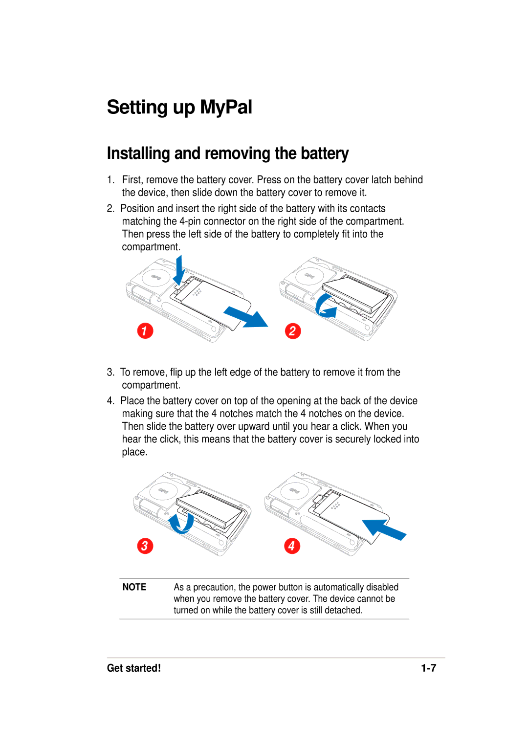 Asus 632, A636 manual Setting up MyPal, Installing and removing the battery 