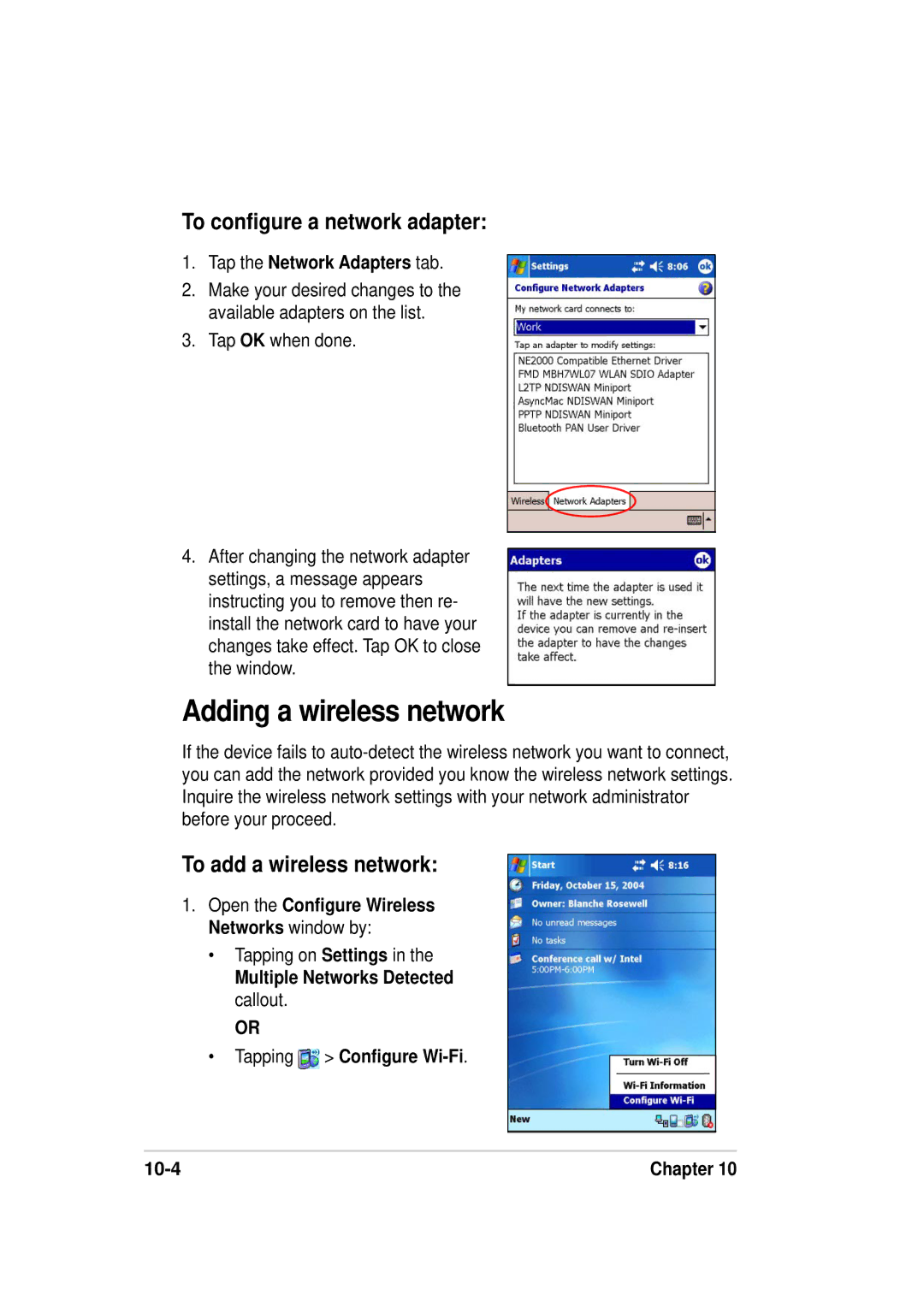 Asus A636, 632 Adding a wireless network, To configure a network adapter, To add a wireless network, Tapping on Settings 