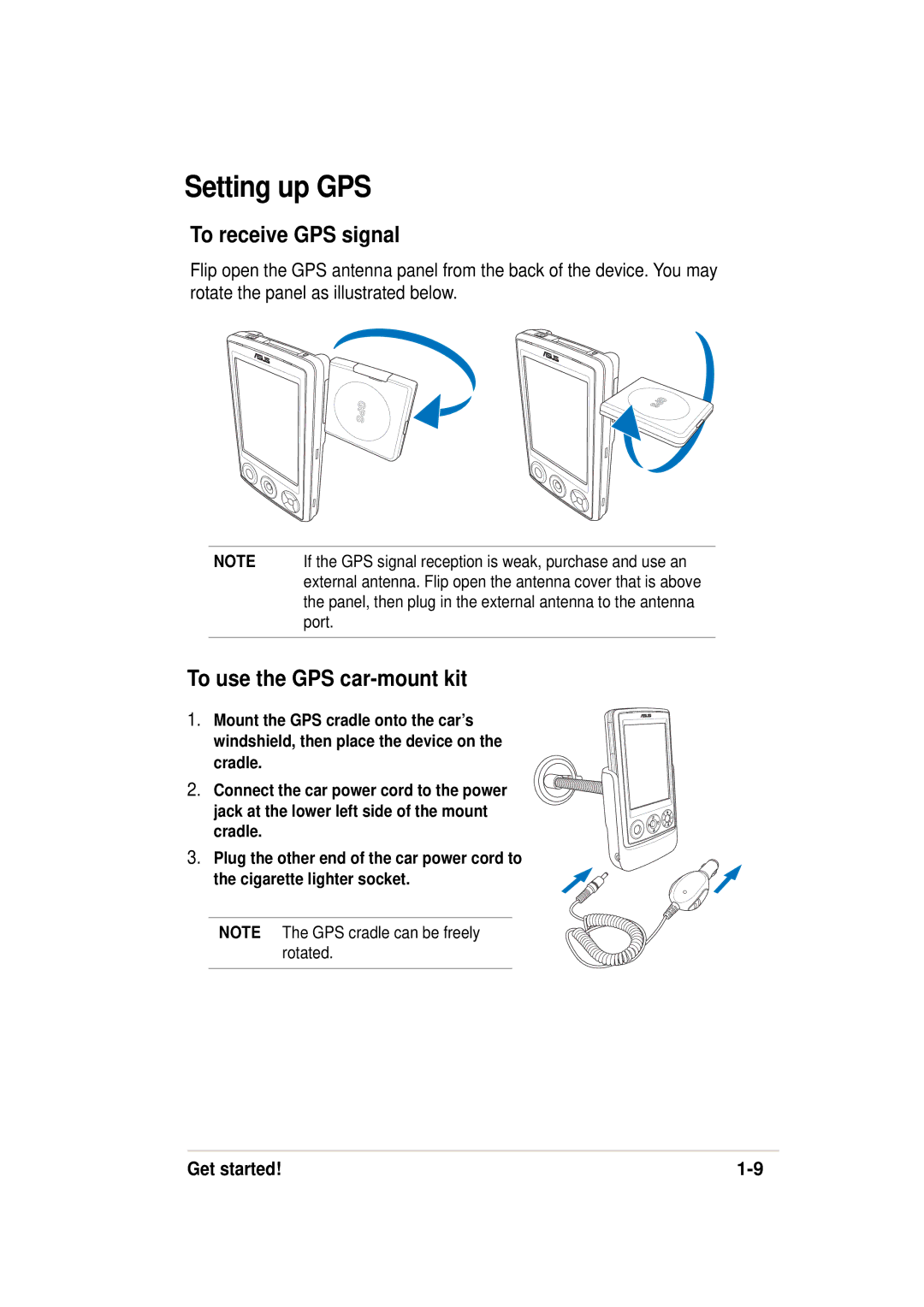 Asus 632, A636 manual Setting up GPS, To receive GPS signal, To use the GPS car-mount kit 