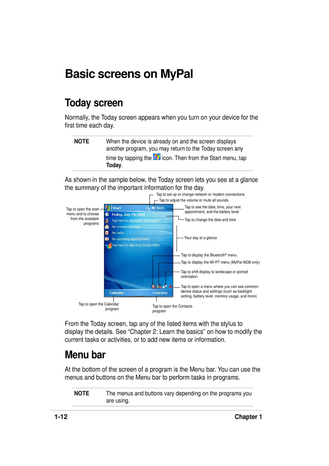 Asus A636, 632 manual Basic screens on MyPal, Today screen, Menu bar 