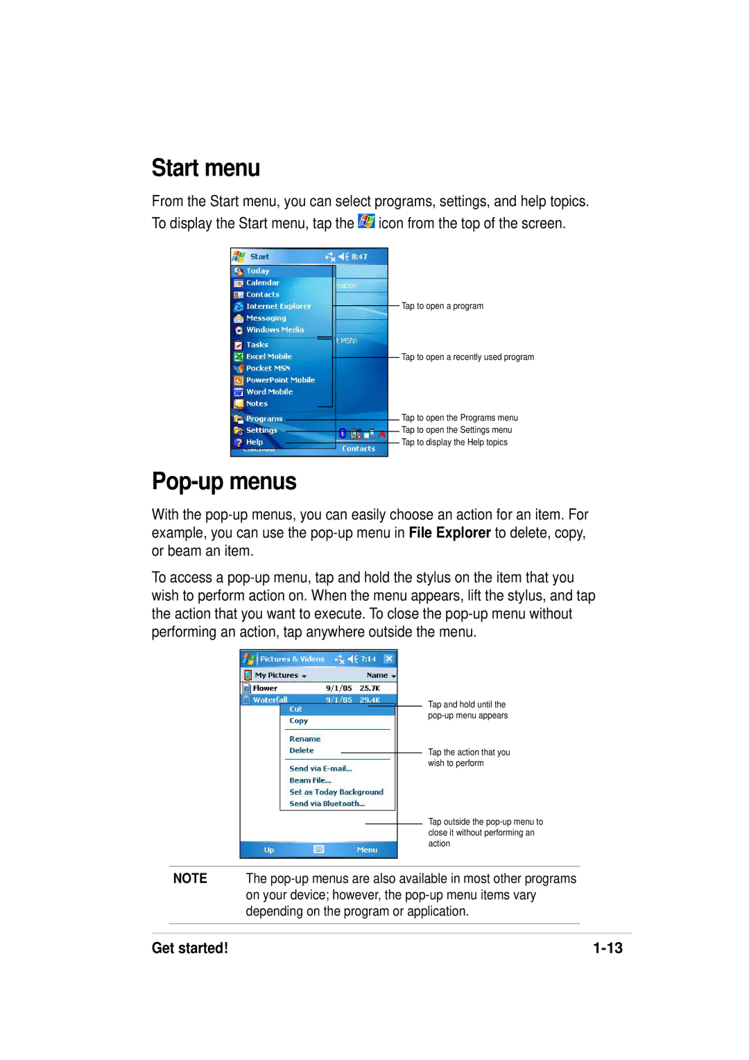 Asus 632, A636 manual Start menu, Pop-up menus 