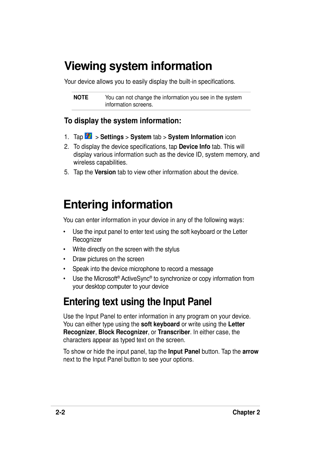 Asus A636, 632 manual Viewing system information, Entering information, Entering text using the Input Panel 