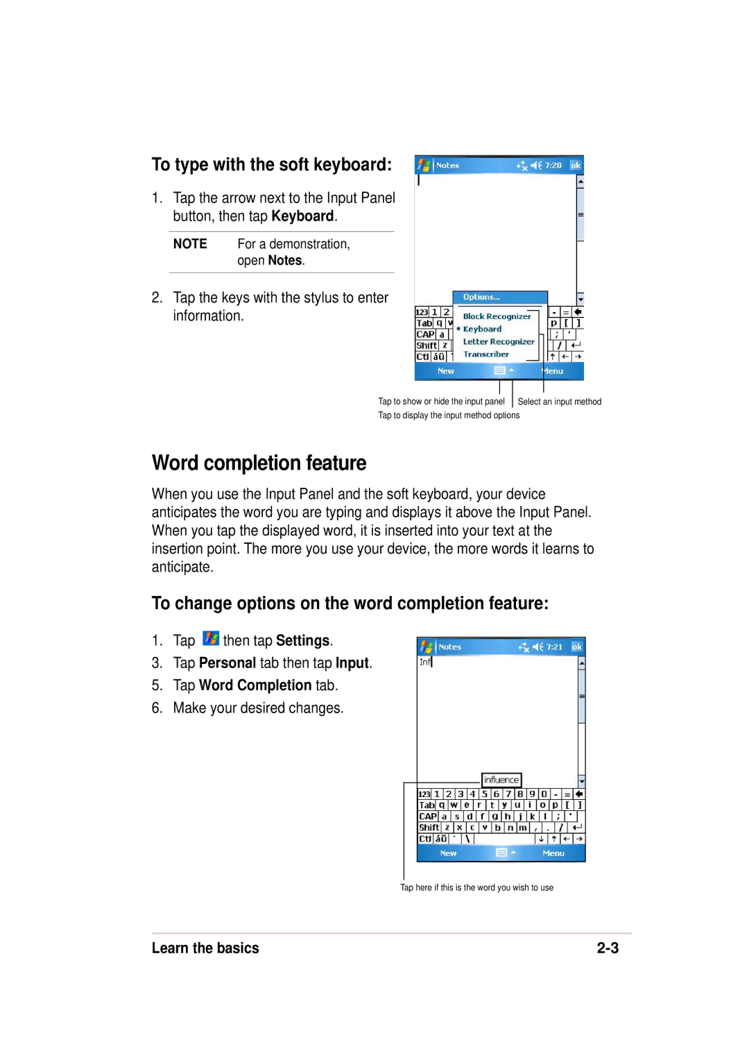 Asus 632, A636 Word completion feature, To type with the soft keyboard, To change options on the word completion feature 