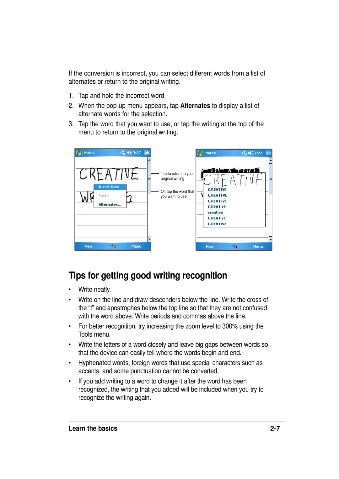 Asus 632, A636 manual Tips for getting good writing recognition, Write neatly 