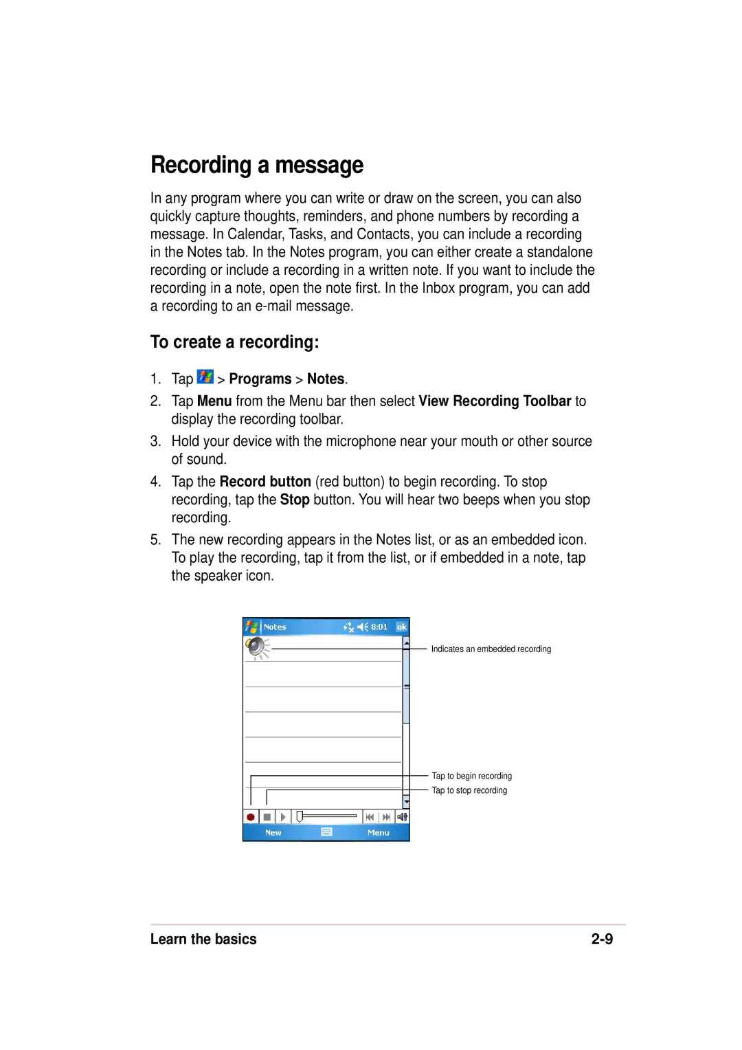 Asus 632, A636 manual Recording a message, To create a recording, Tap Programs Notes 