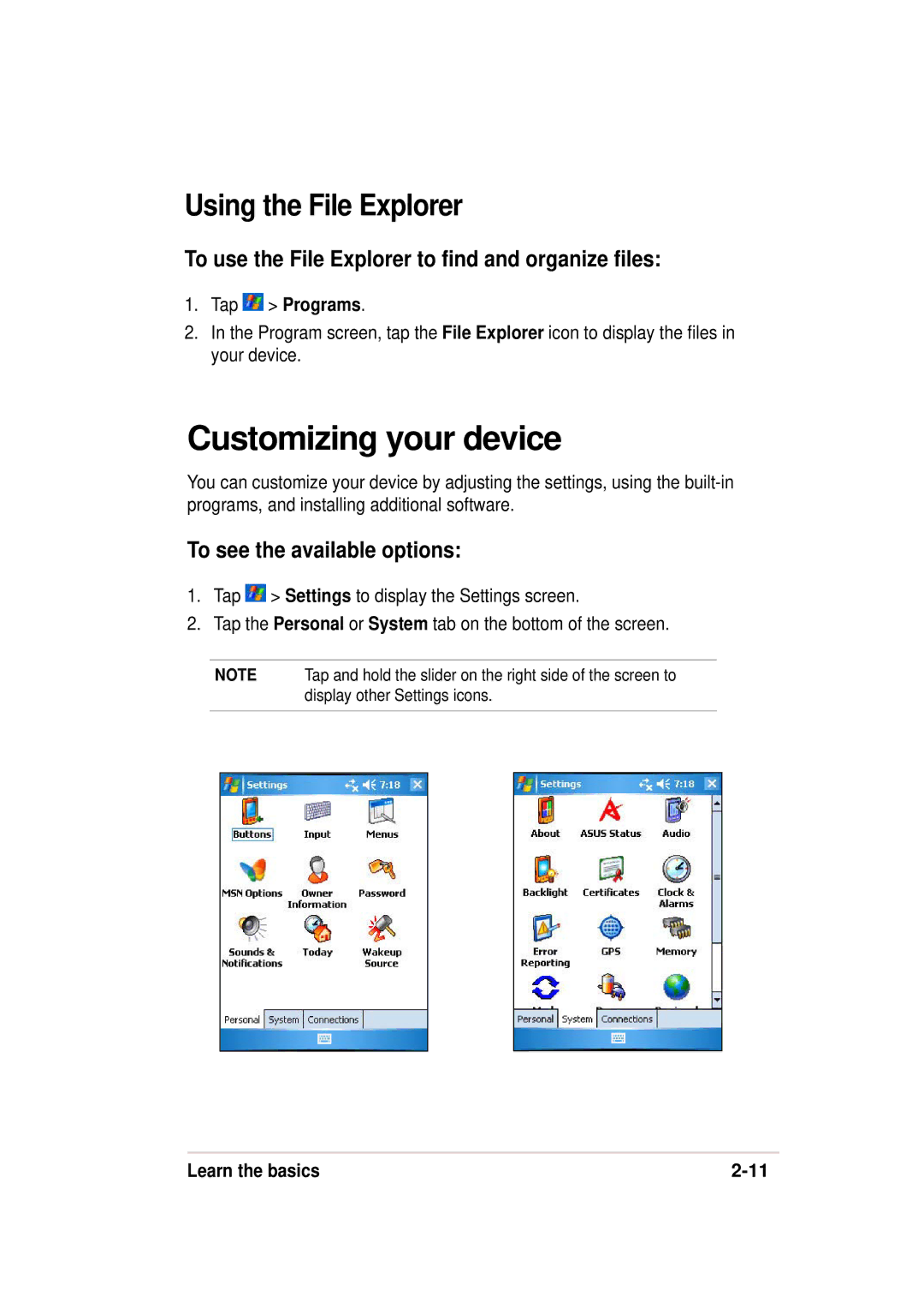 Asus 632, A636 manual Customizing your device, Using the File Explorer, To use the File Explorer to find and organize files 