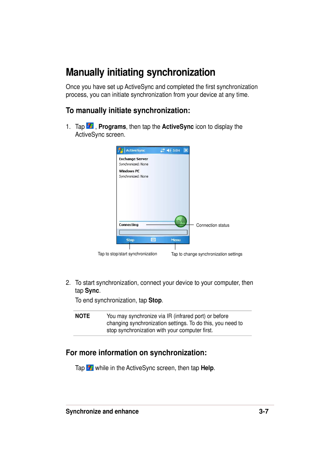 Asus 632, A636 Manually initiating synchronization, To manually initiate synchronization 