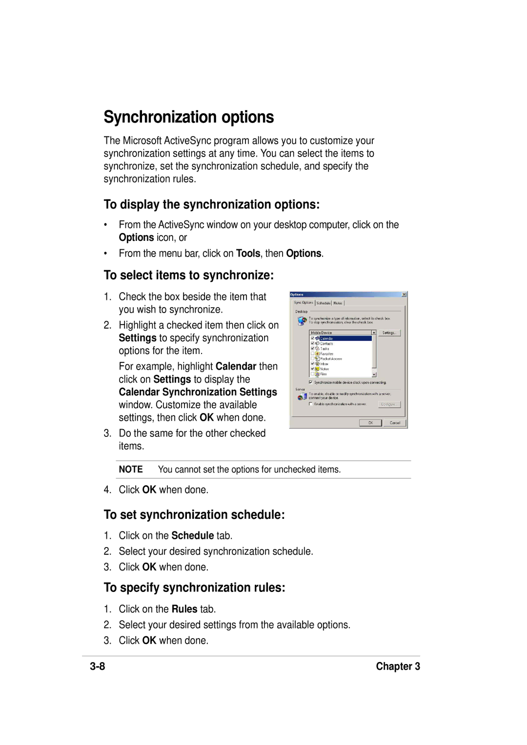 Asus A636, 632 manual Synchronization options, To display the synchronization options, To select items to synchronize 