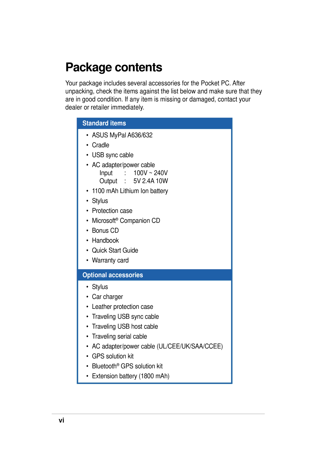 Asus A636, 632 manual Package contents 