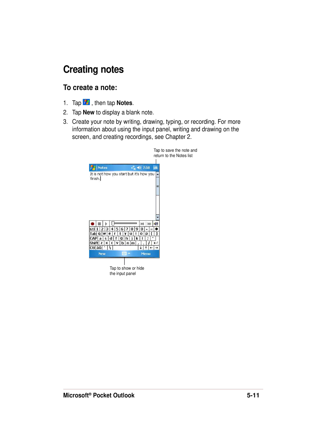 Asus 632, A636 manual Creating notes, To create a note, Tap , then tap Notes Tap New to display a blank note 