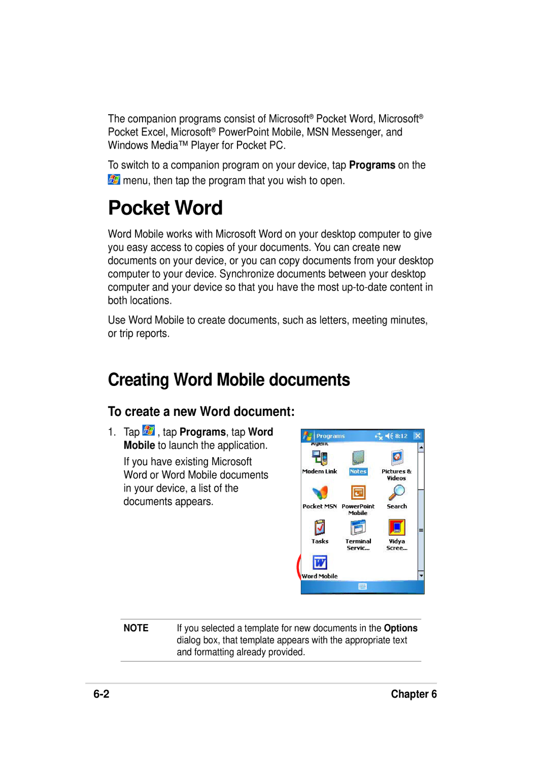 Asus A636, 632 manual Pocket Word, Creating Word Mobile documents, To create a new Word document 