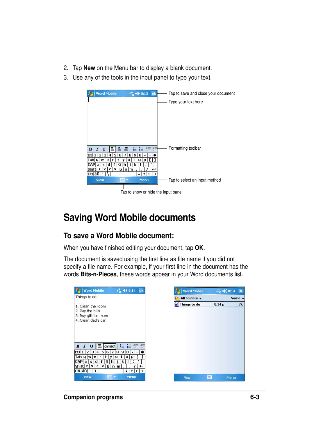 Asus 632, A636 manual Saving Word Mobile documents, To save a Word Mobile document 