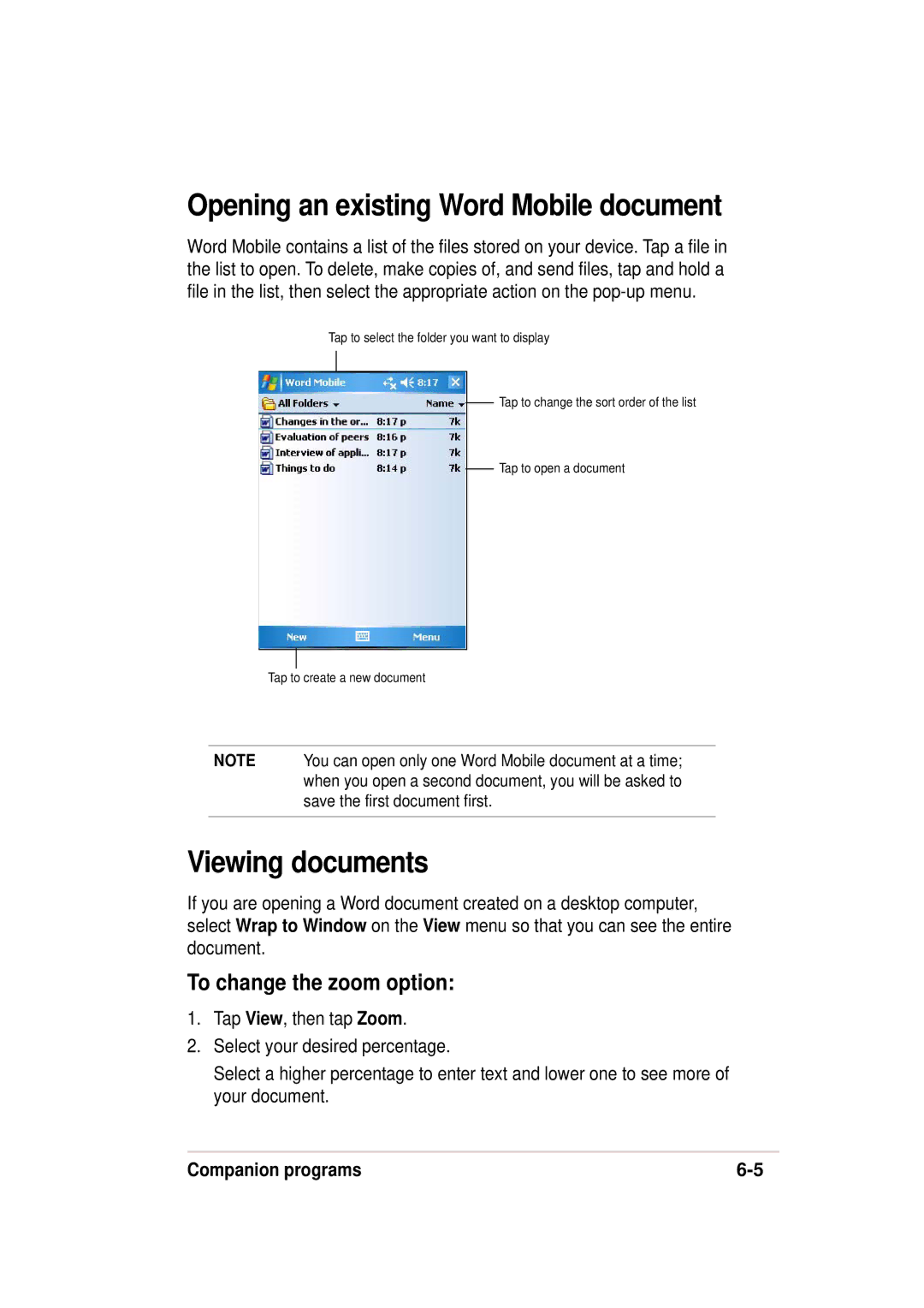 Asus 632, A636 manual Opening an existing Word Mobile document, Viewing documents, To change the zoom option 