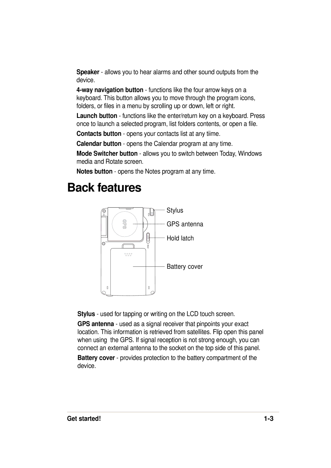 Asus 632, A636 manual Back features, Stylus GPS antenna Hold latch 