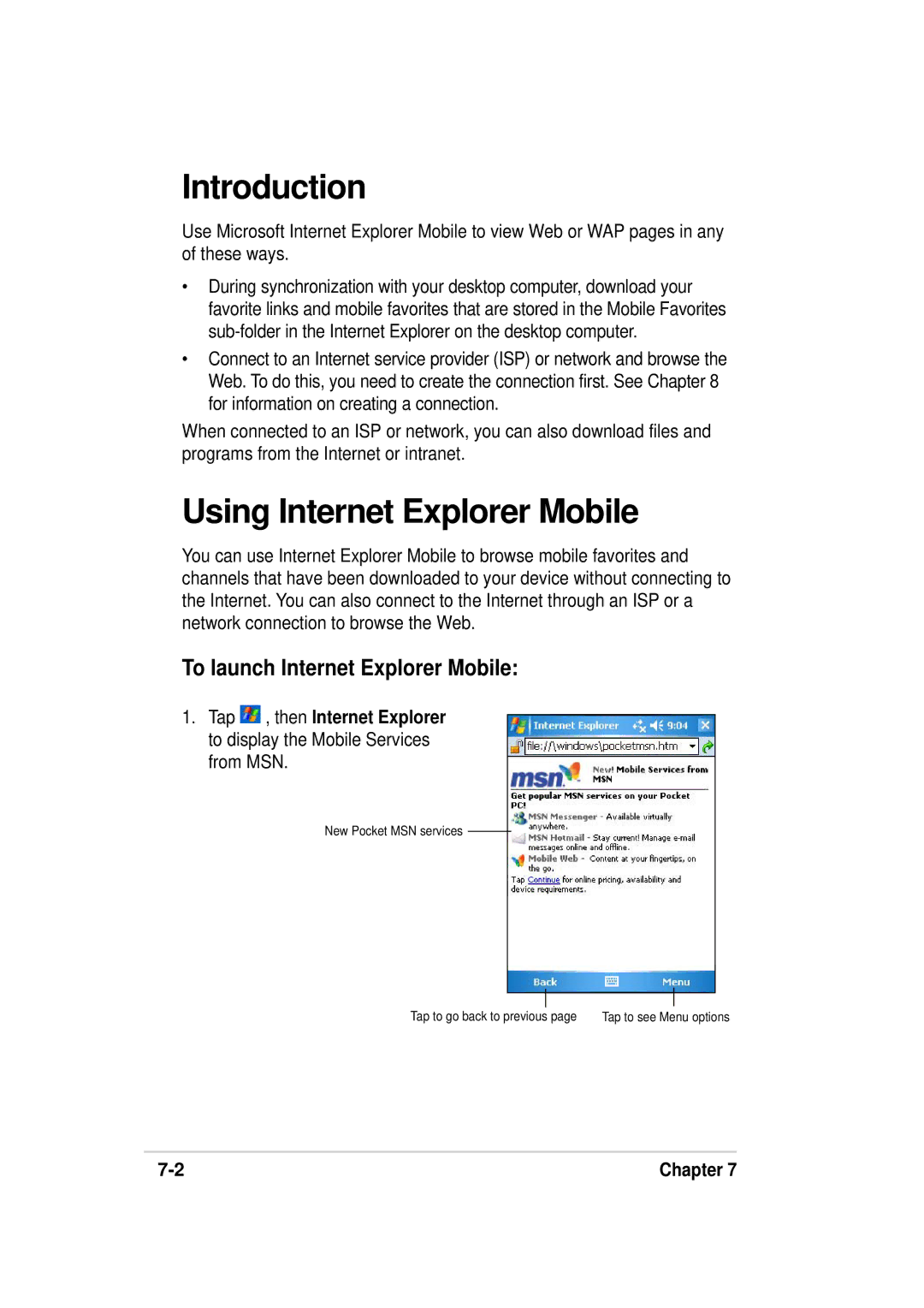 Asus A636, 632 manual Using Internet Explorer Mobile, To launch Internet Explorer Mobile 