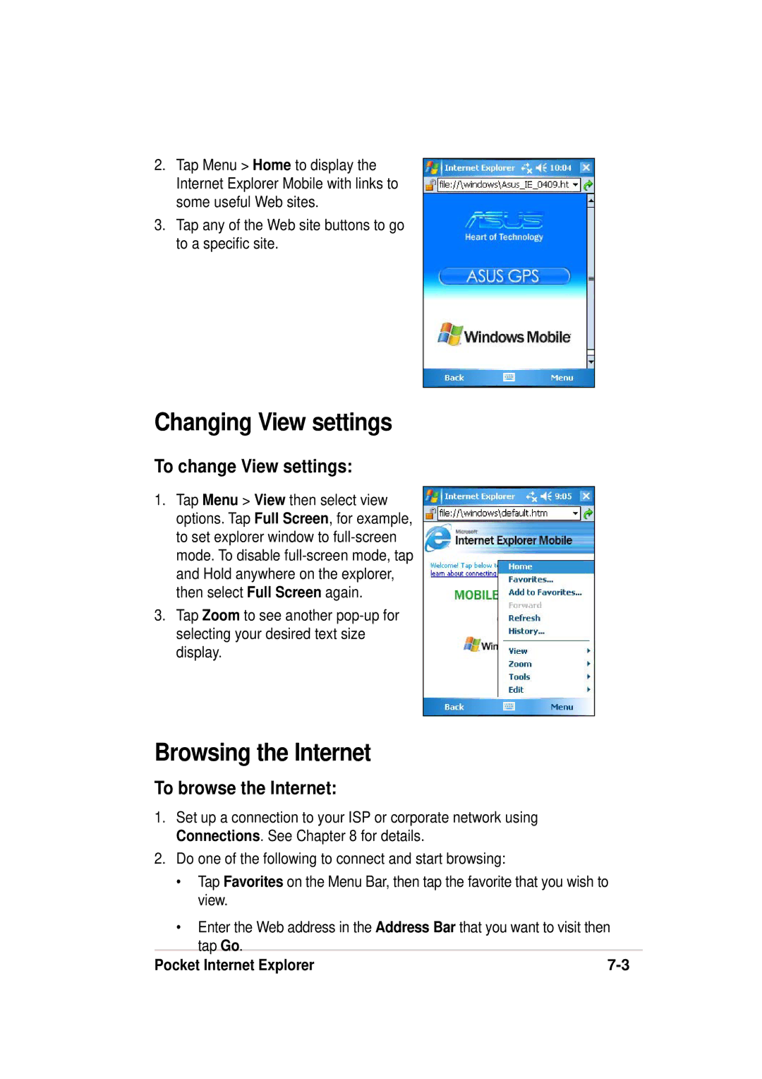 Asus 632, A636 manual Changing View settings, Browsing the Internet, To change View settings, To browse the Internet 