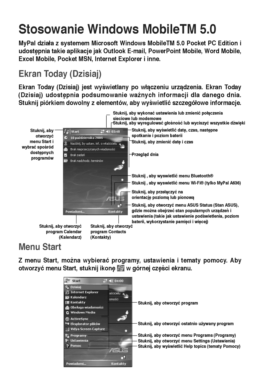 Asus A632, A636 manual Stosowanie Windows MobileTM, Ekran Today Dzisiaj, Menu Start 