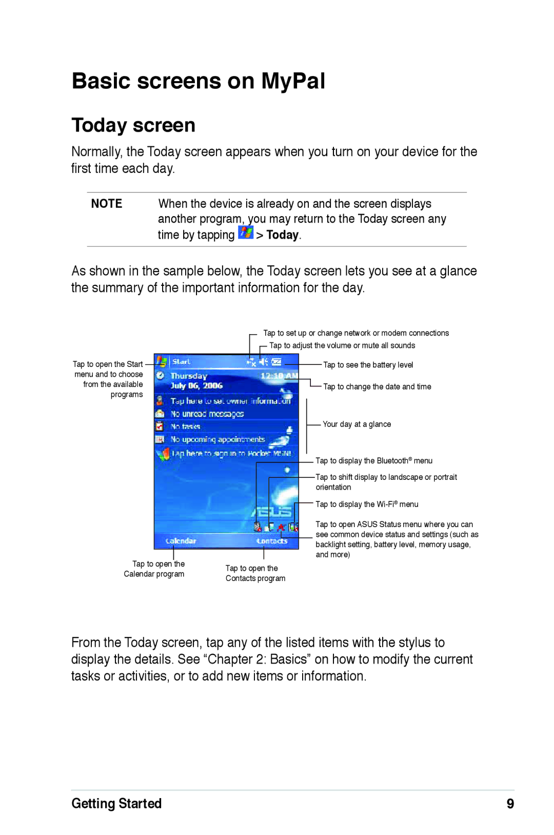 Asus A639 user manual Basic screens on MyPal, Today screen 