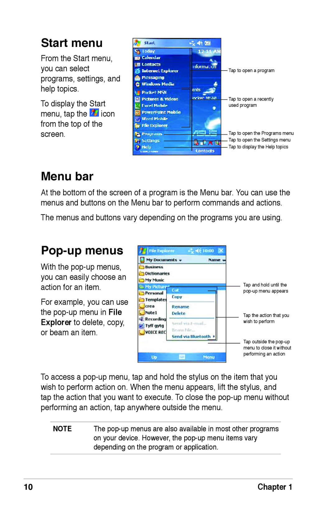 Asus A639 user manual Start menu, Menu bar, Pop-up menus 