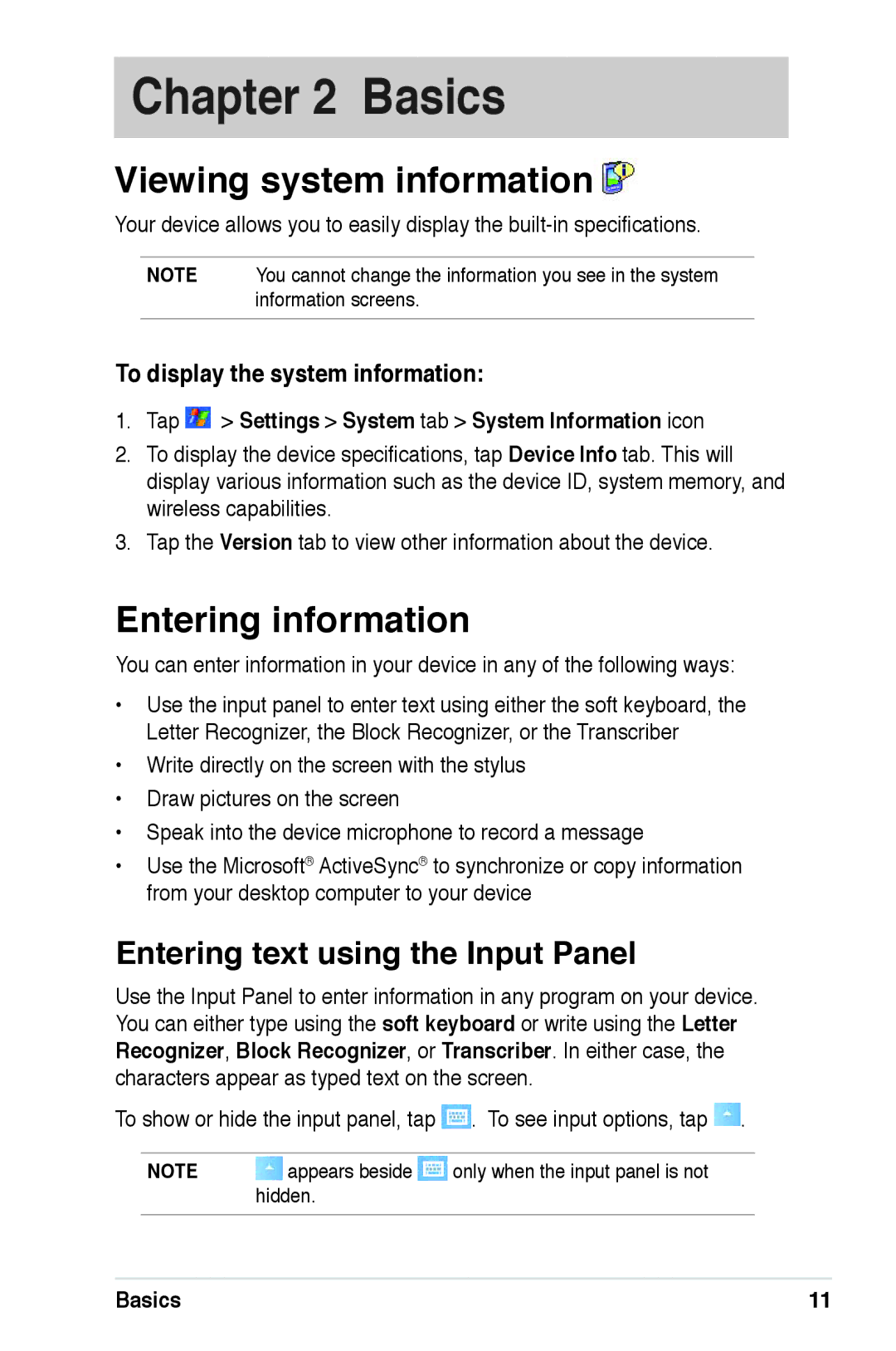 Asus A639 user manual Viewing system information, Entering information, Entering text using the Input Panel 