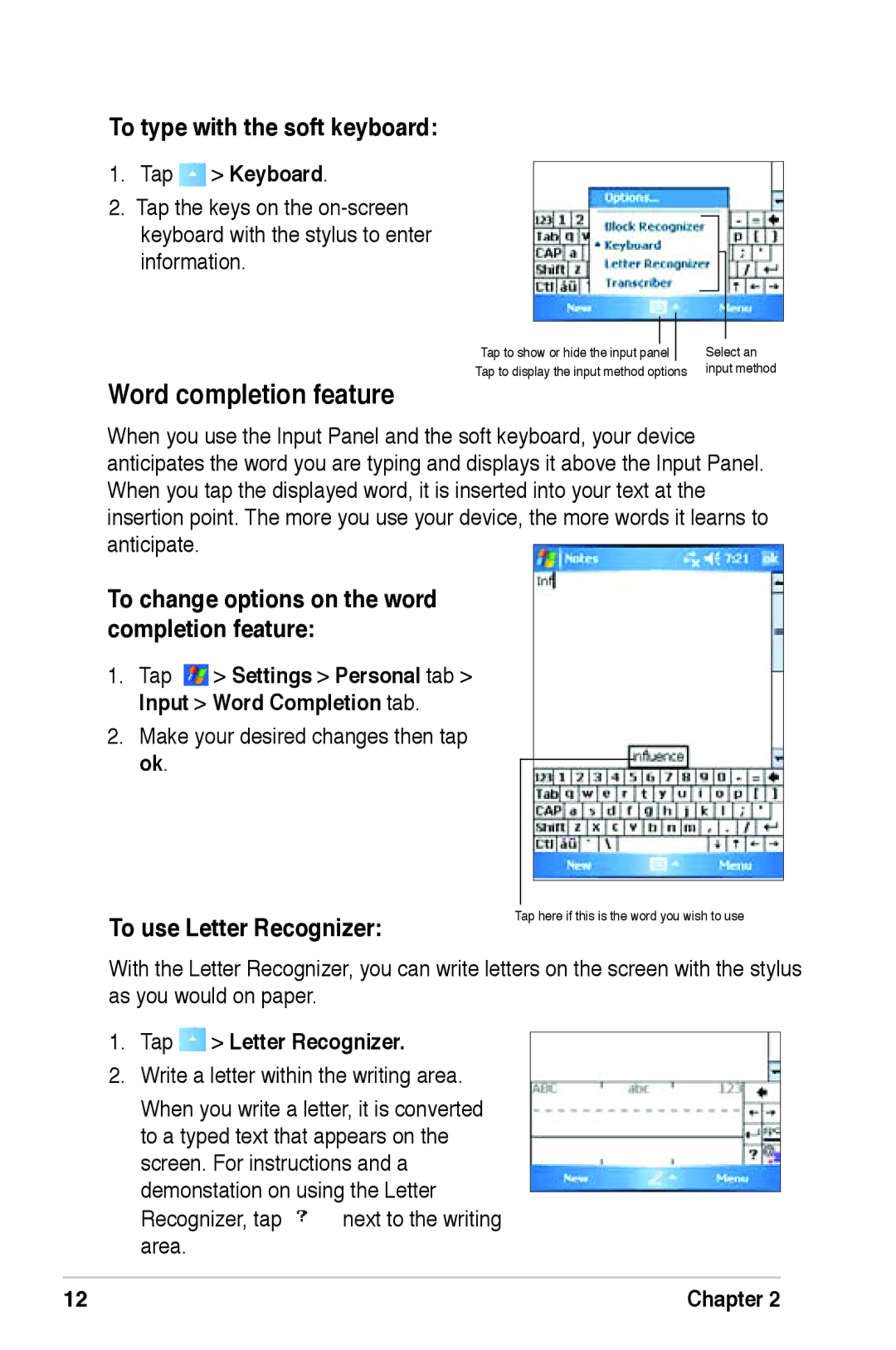 Asus A639 Word completion feature, To type with the soft keyboard, To change options on the word completion feature 