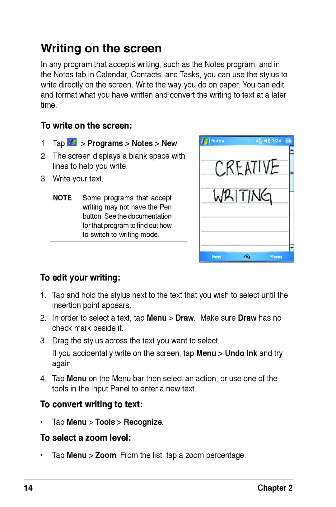 Asus A639 user manual Writing on the screen, To write on the screen, To edit your writing, To convert writing to text 