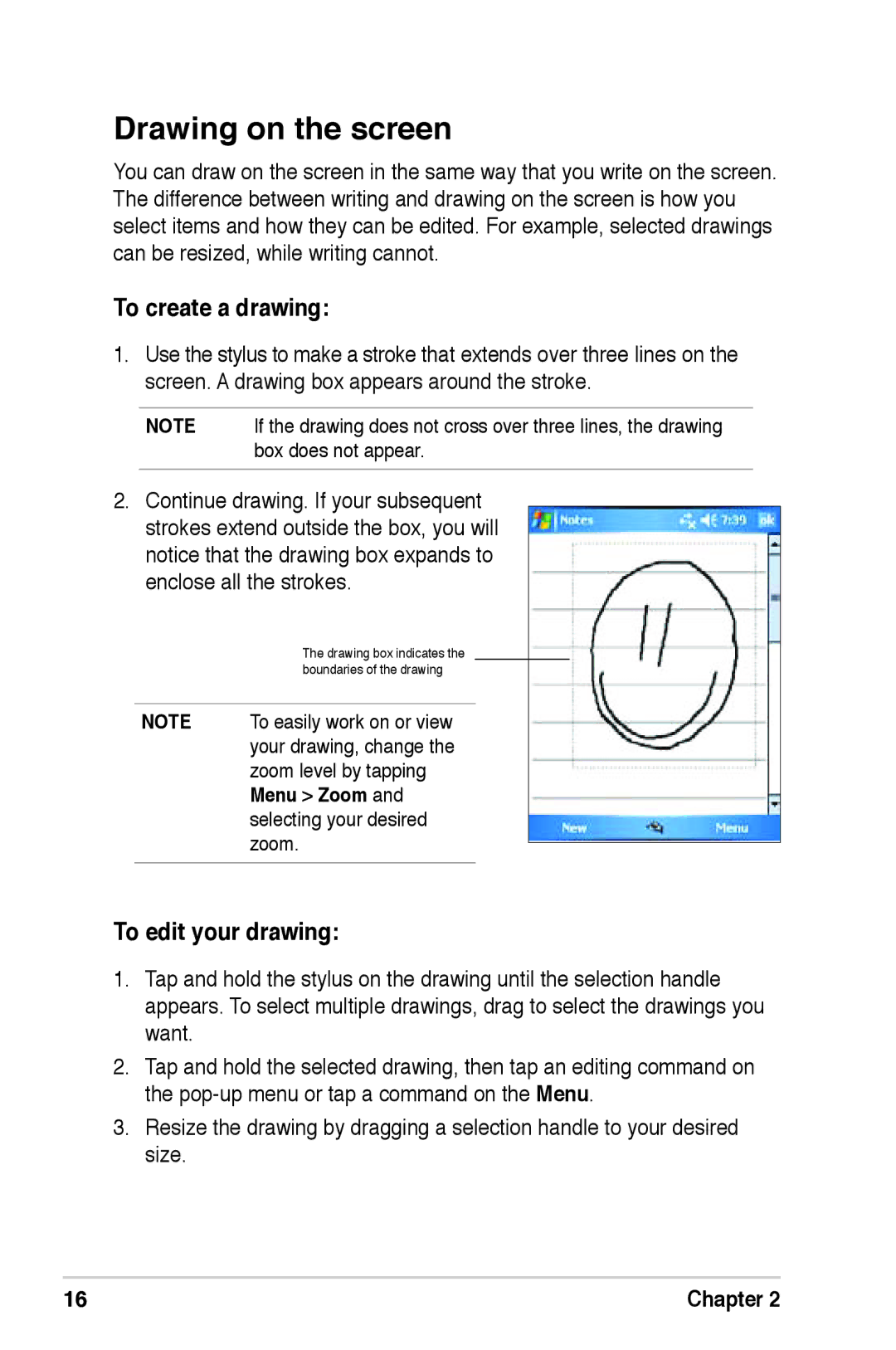 Asus A639 user manual Drawing on the screen, To create a drawing, To edit your drawing 