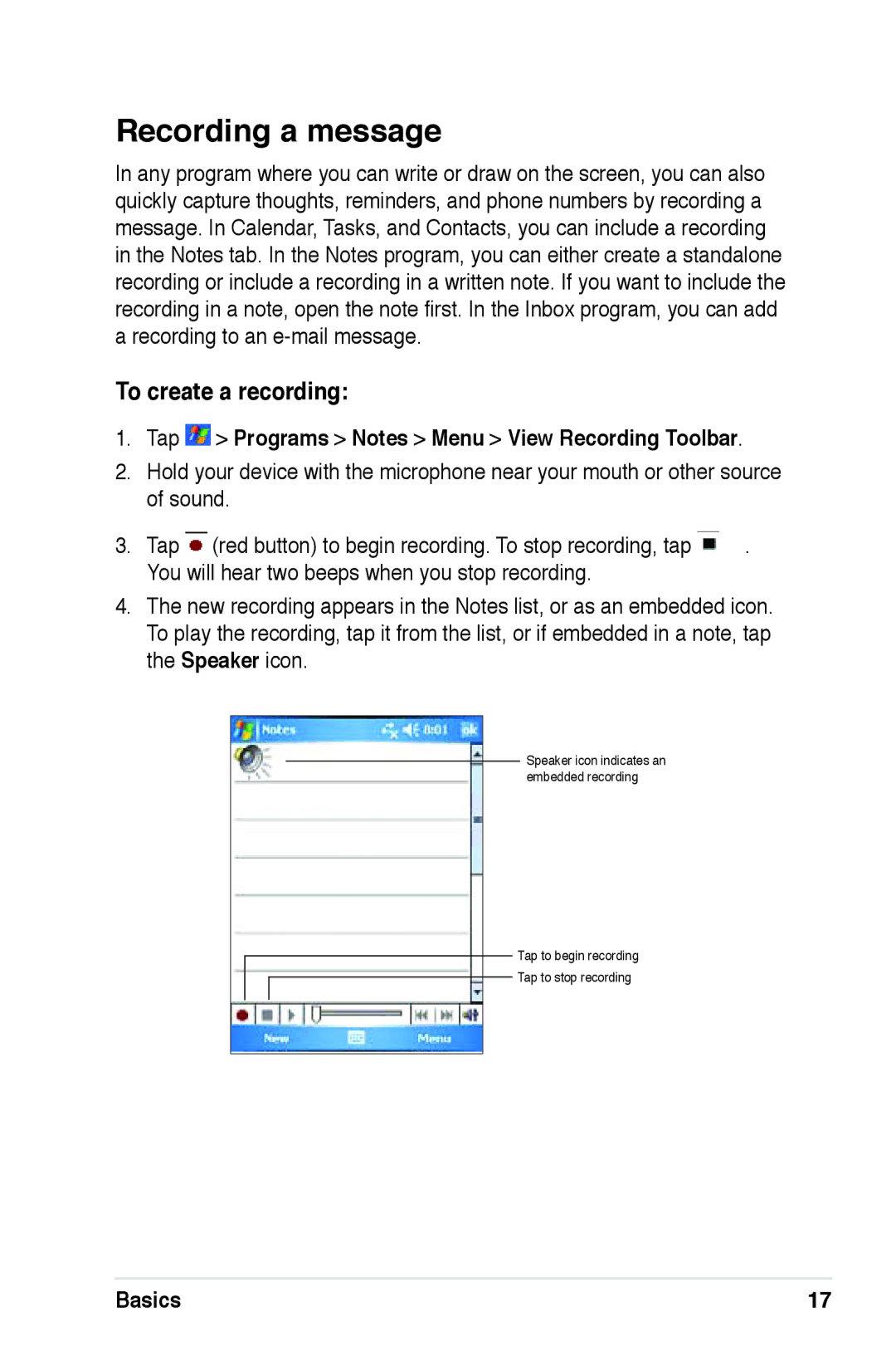 Asus A639 user manual Recording a message, To create a recording, Tap Programs Notes Menu View Recording Toolbar 