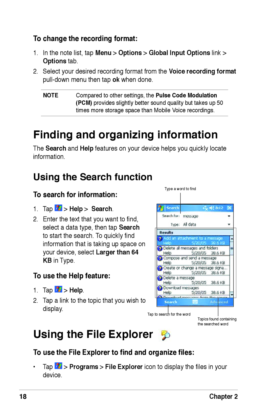 Asus A639 user manual Finding and organizing information, Using the File Explorer, Using the Search function 