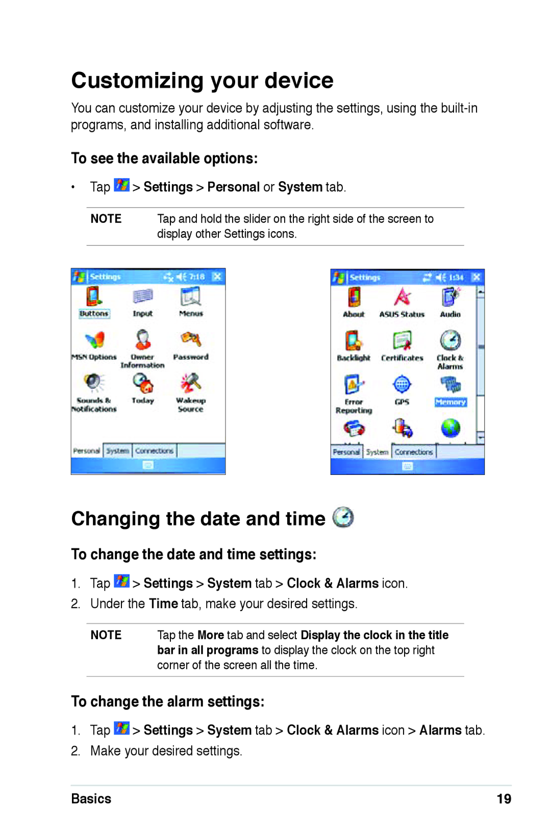 Asus A639 Customizing your device, Changing the date and time, To see the available options, To change the alarm settings 