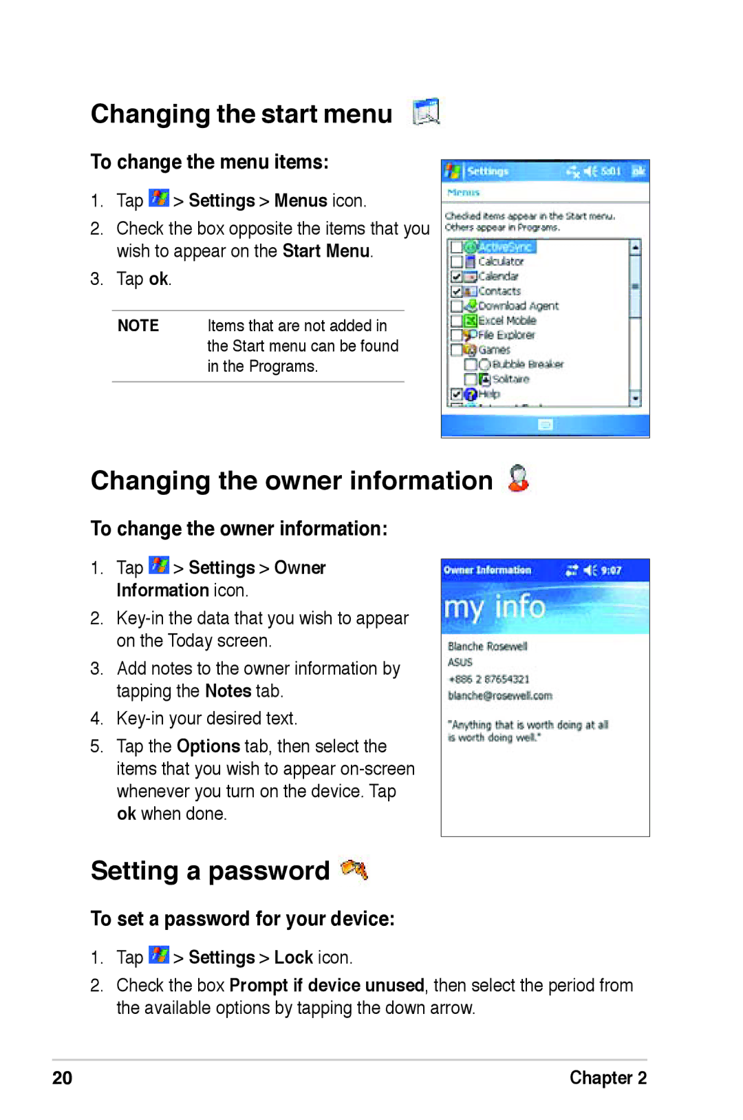 Asus A639 user manual Changing the start menu, Changing the owner information, Setting a password 