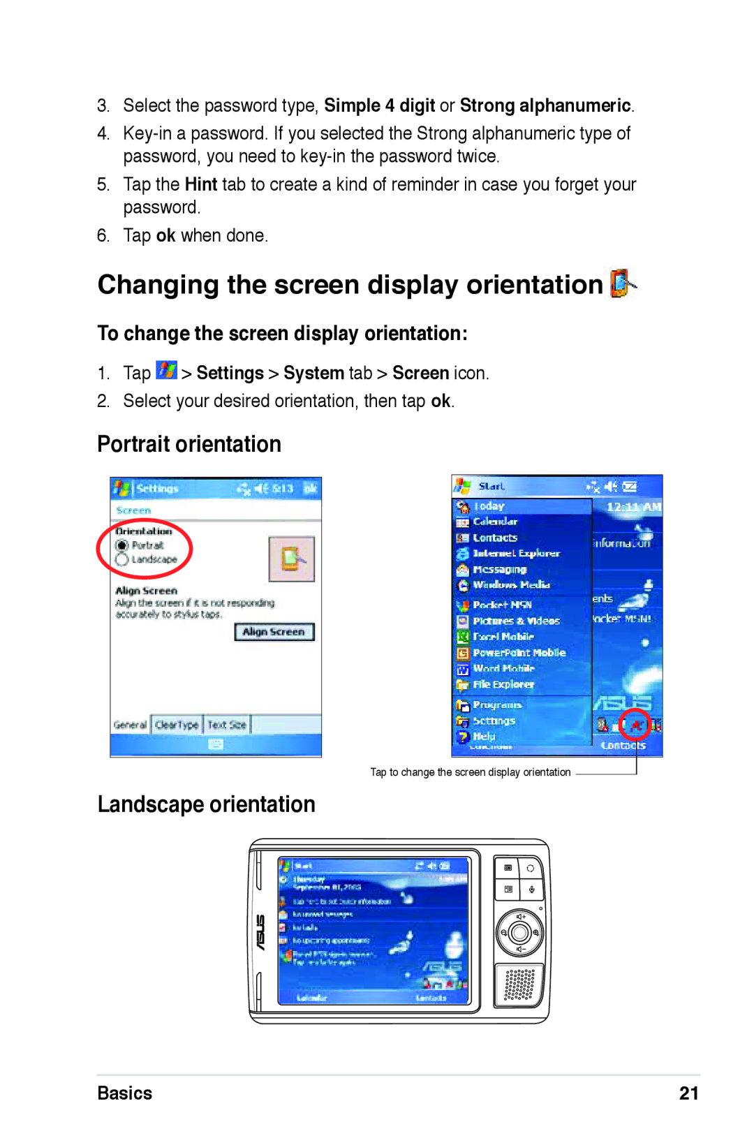 Asus A639 user manual Changing the screen display orientation, Portrait orientation, Landscape orientation 