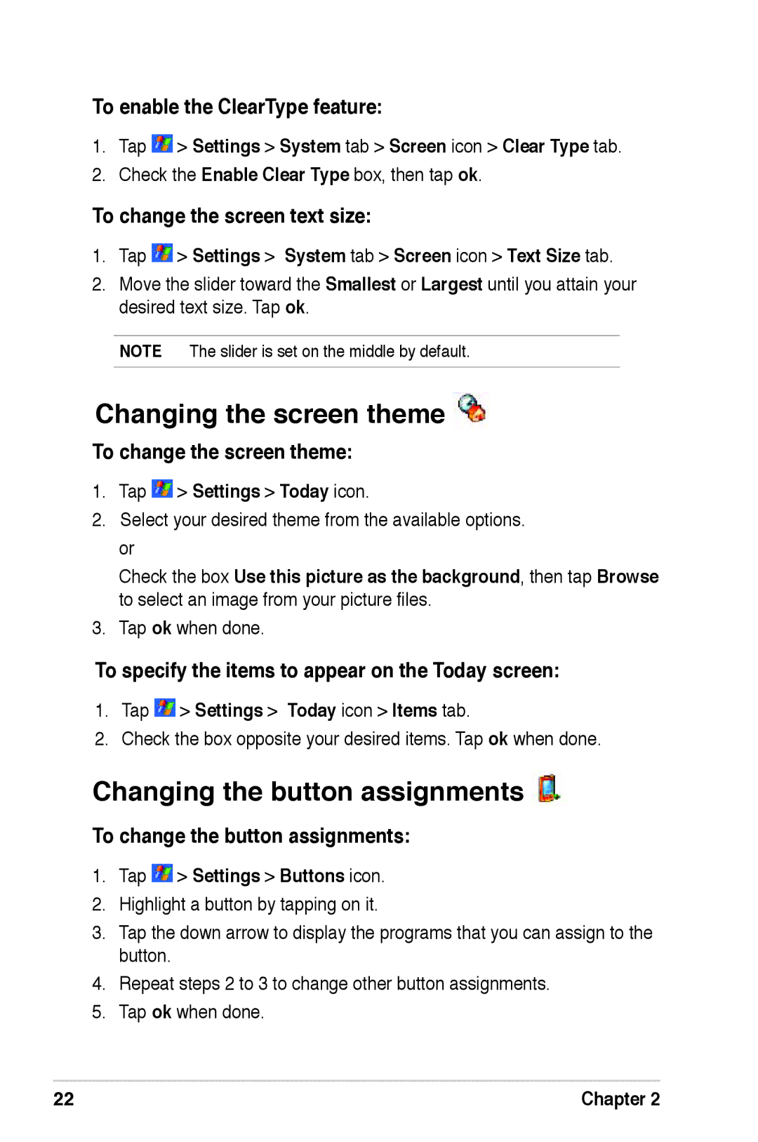 Asus A639 user manual Changing the screen theme, Changing the button assignments 