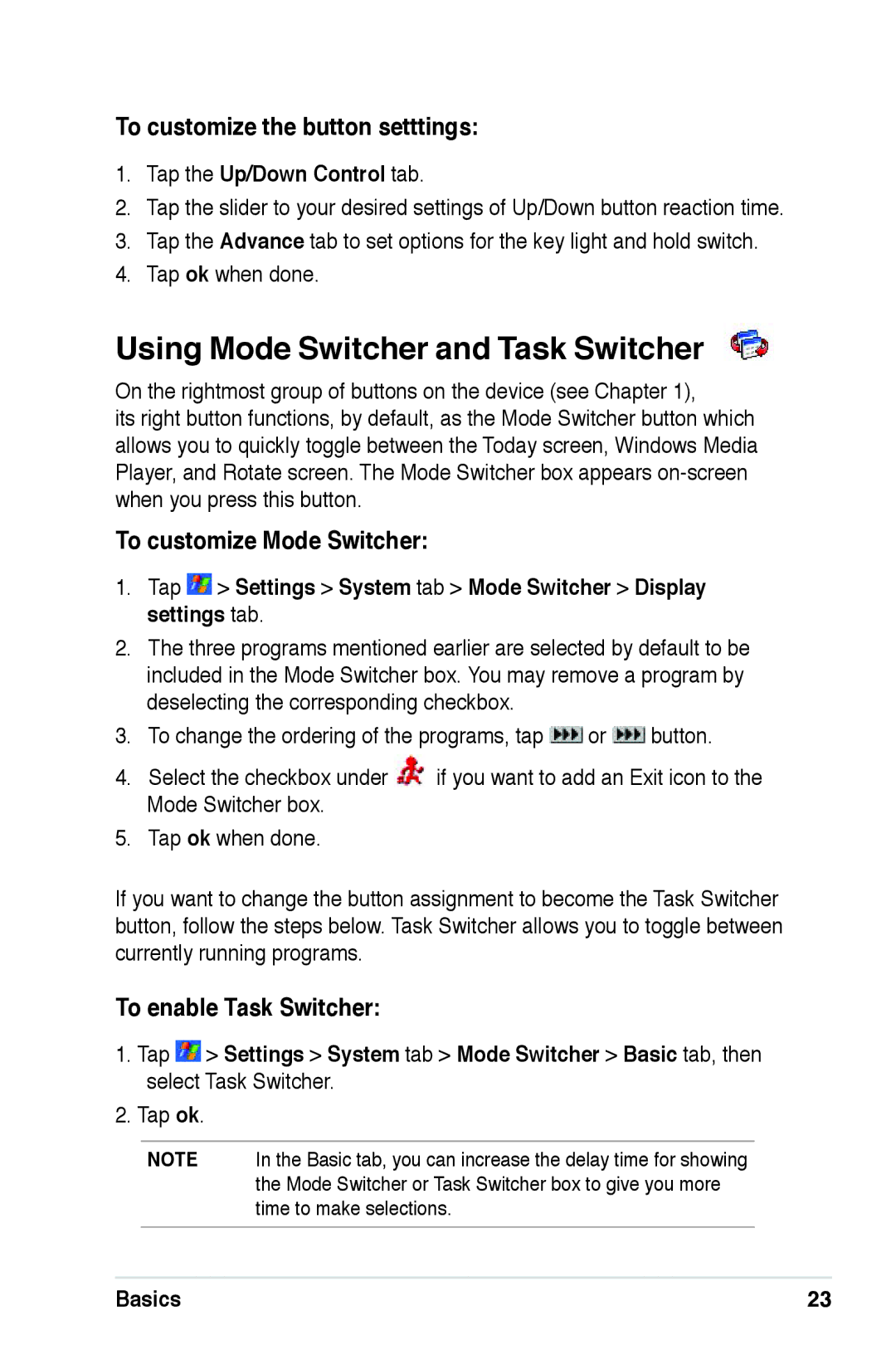 Asus A639 user manual Using Mode Switcher and Task Switcher, To customize the button setttings, To customize Mode Switcher 