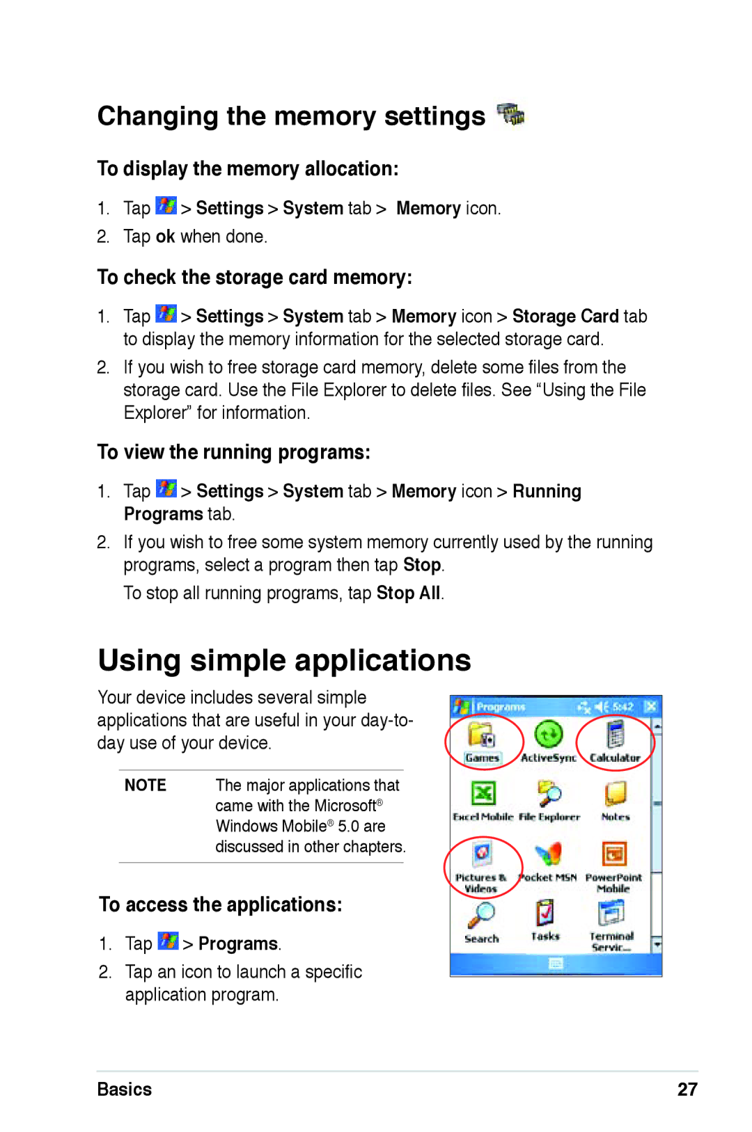 Asus A639 user manual Using simple applications, Changing the memory settings 