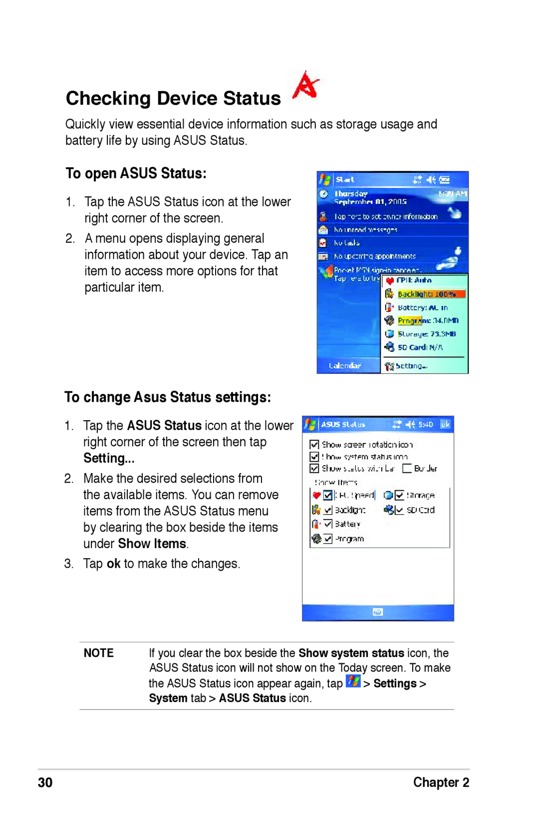 Asus A639 Checking Device Status, To open Asus Status, To change Asus Status settings, Setting, Tap ok to make the changes 