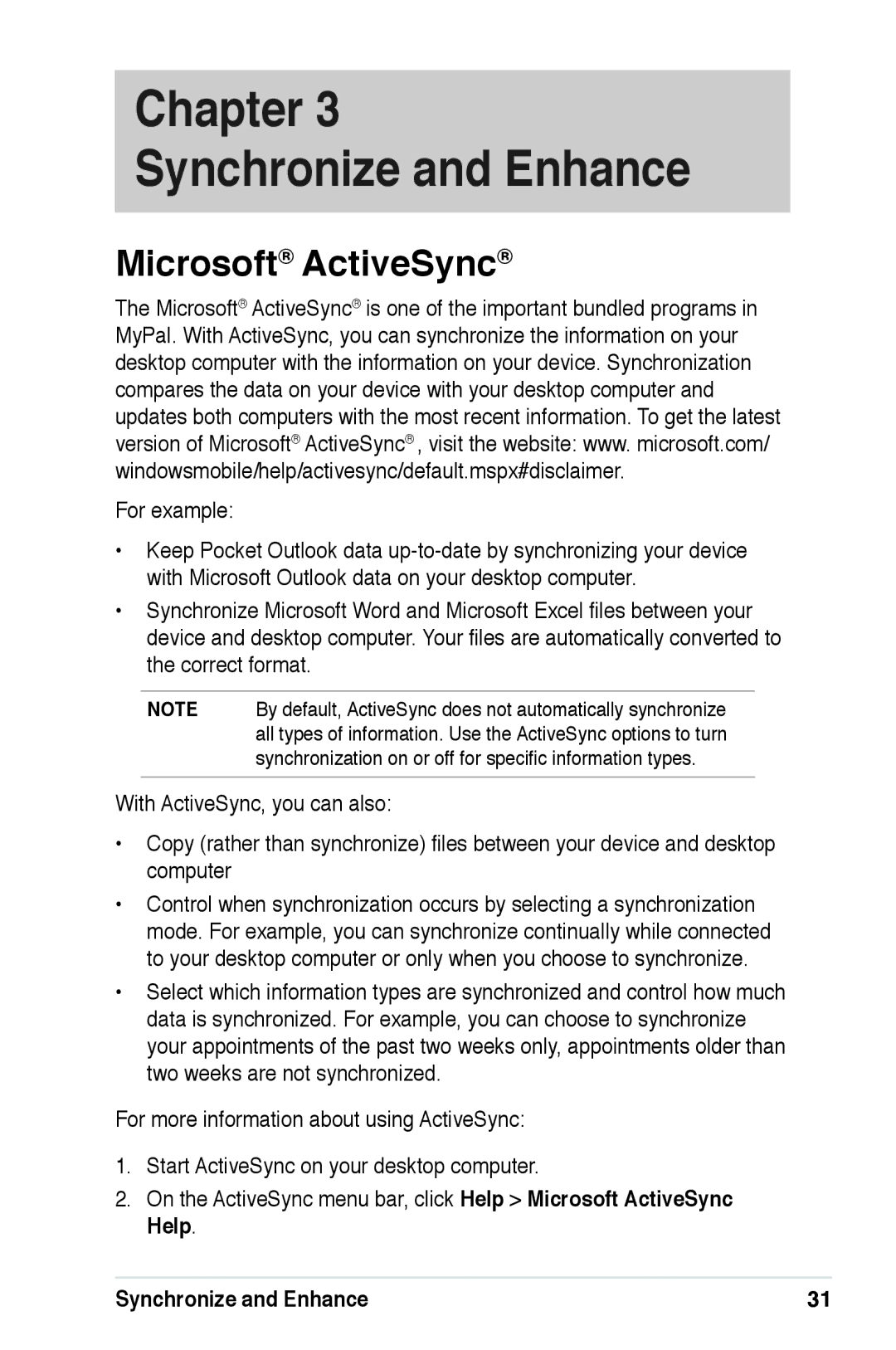 Asus A639 user manual Microsoft ActiveSync, Synchronize and Enhance 