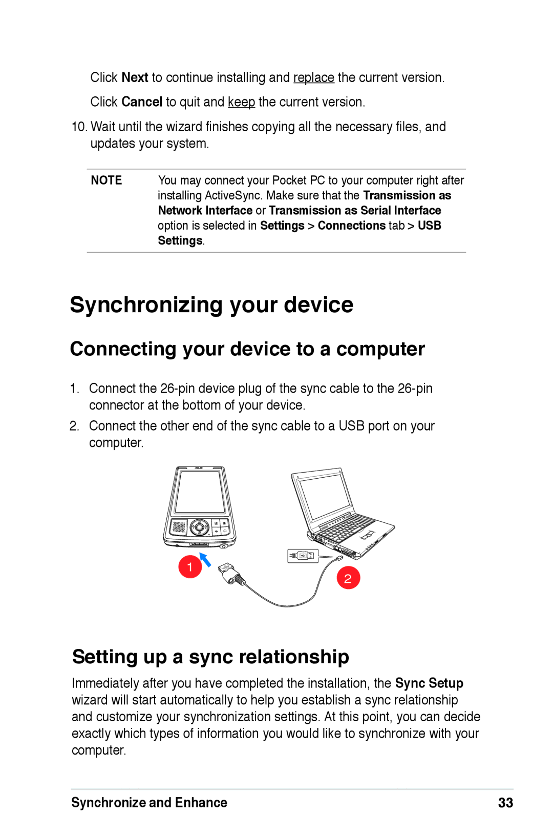 Asus A639 user manual Synchronizing your device, Connecting your device to a computer, Setting up a sync relationship 