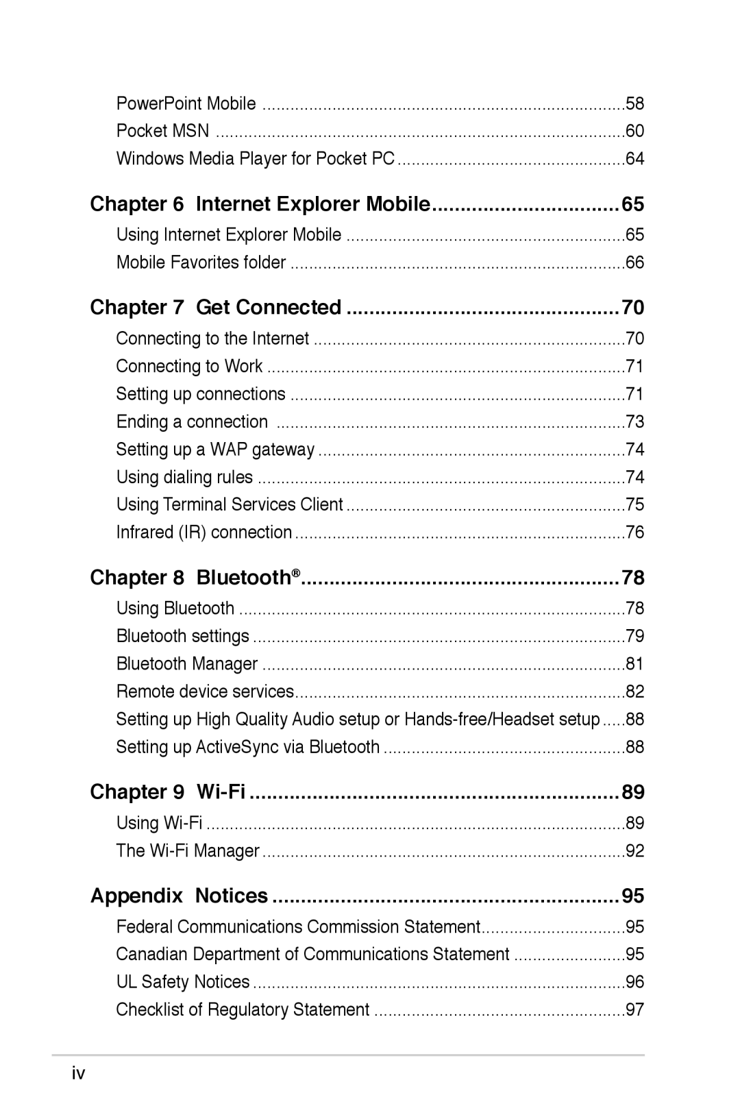 Asus A639 user manual Internet Explorer Mobile, Get Connected, Bluetooth, Wi-Fi, Appendix Notices 