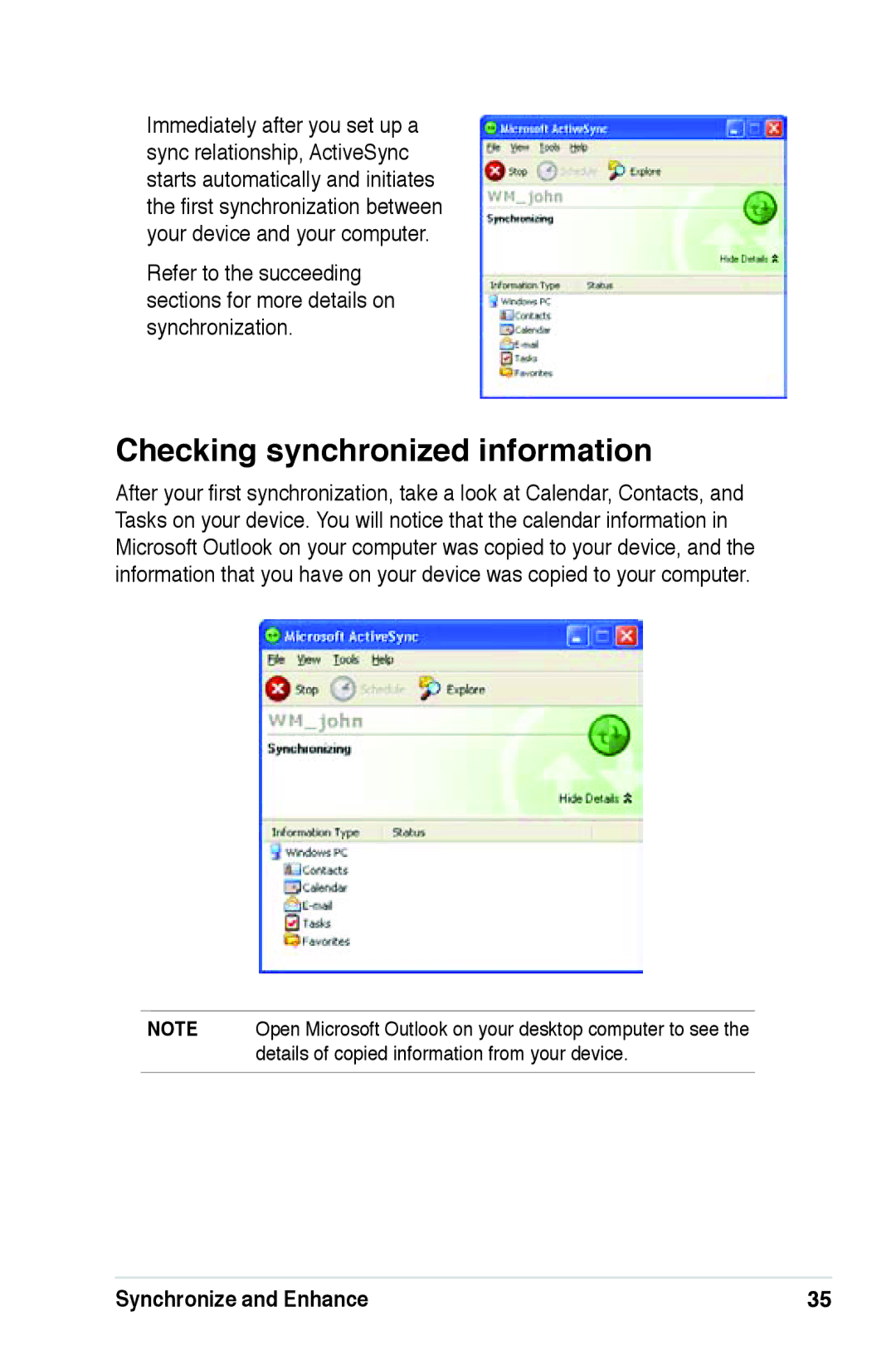 Asus A639 user manual Checking synchronized information 