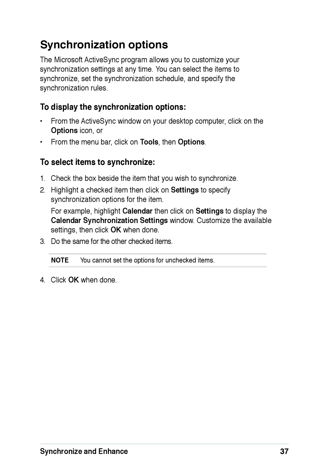 Asus A639 user manual Synchronization options, To display the synchronization options, To select items to synchronize 