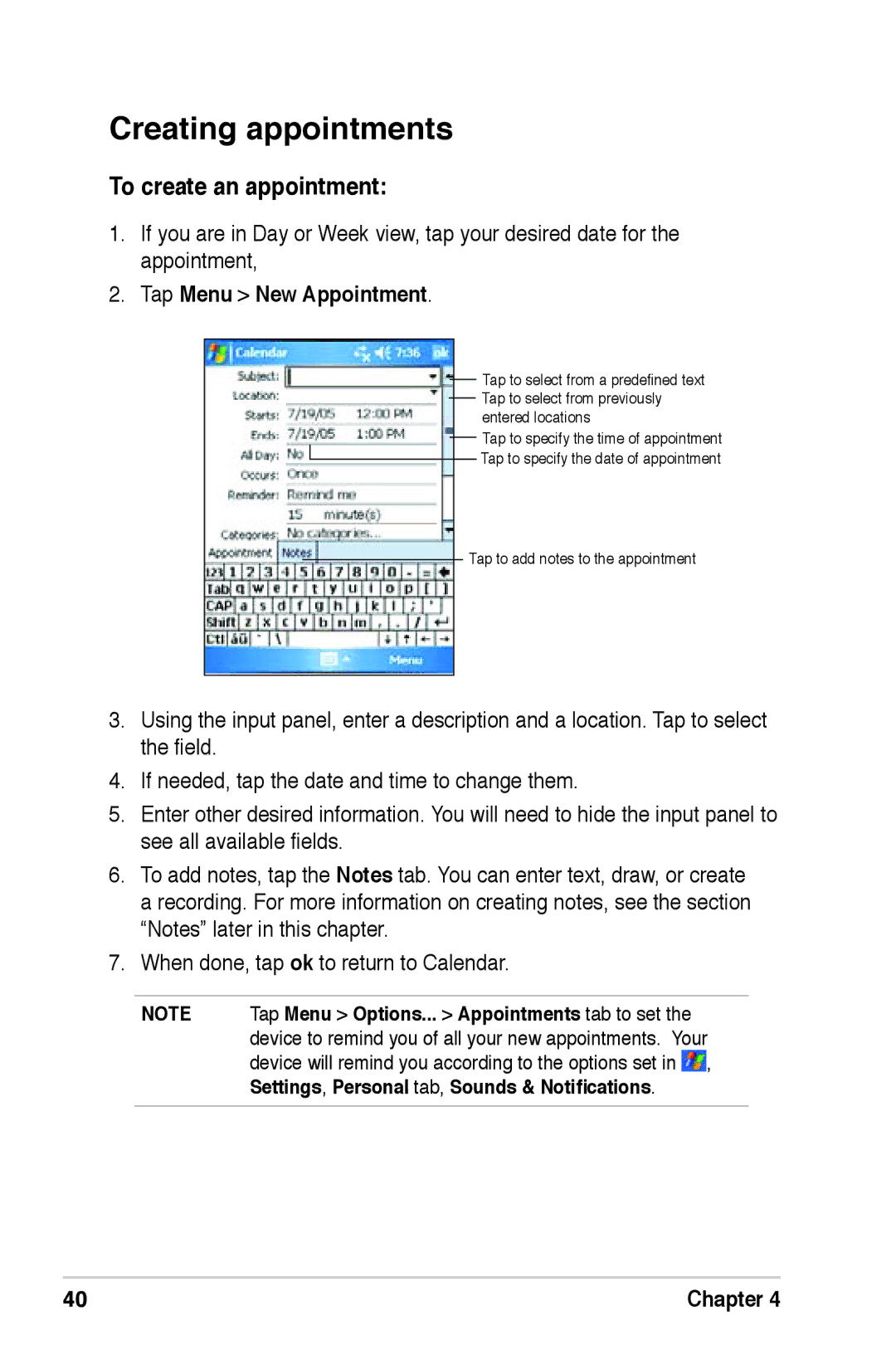 Asus A639 user manual Creating appointments, To create an appointment, Tap Menu New Appointment 