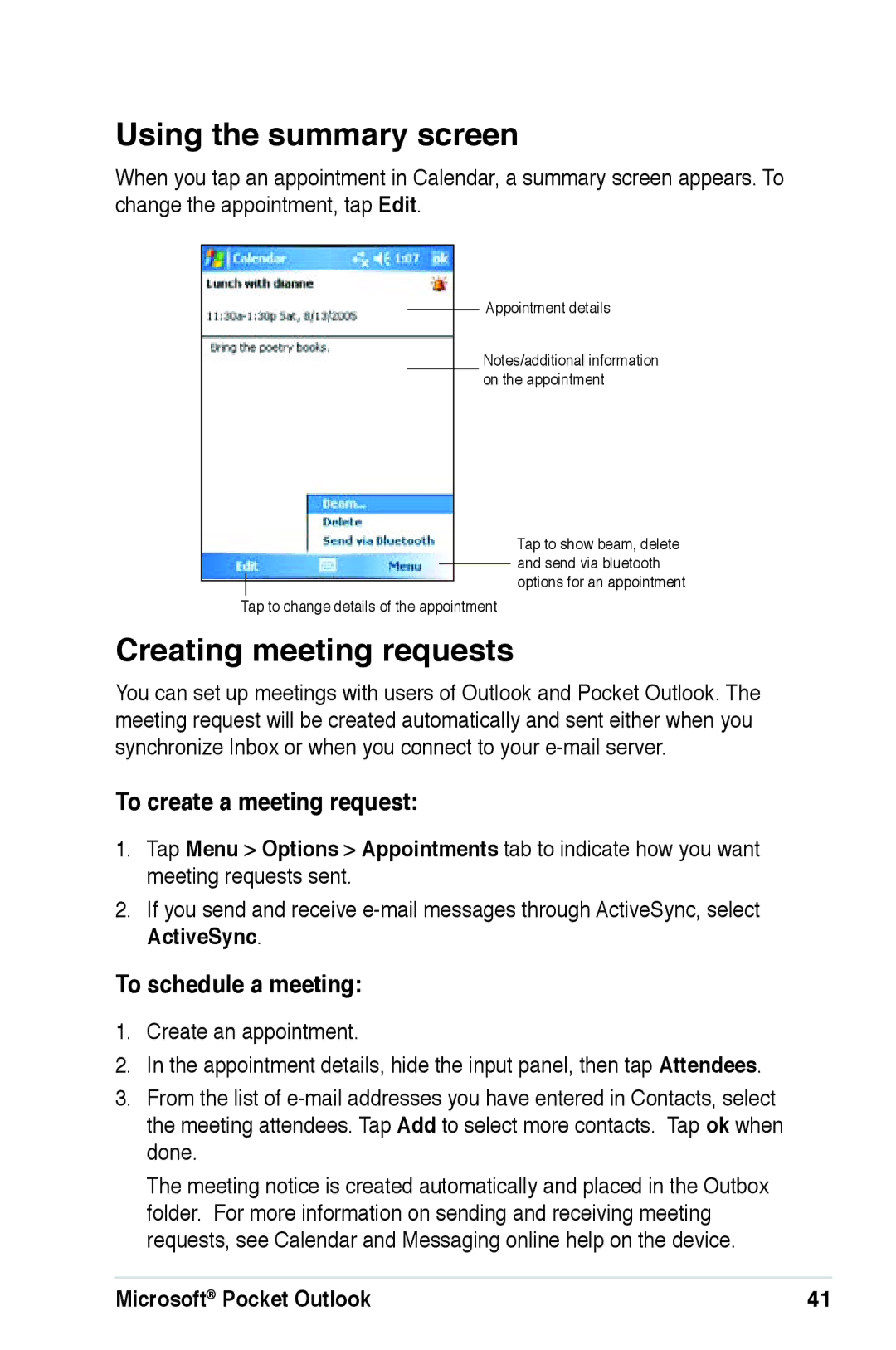 Asus A639 Using the summary screen, Creating meeting requests, To create a meeting request, To schedule a meeting 