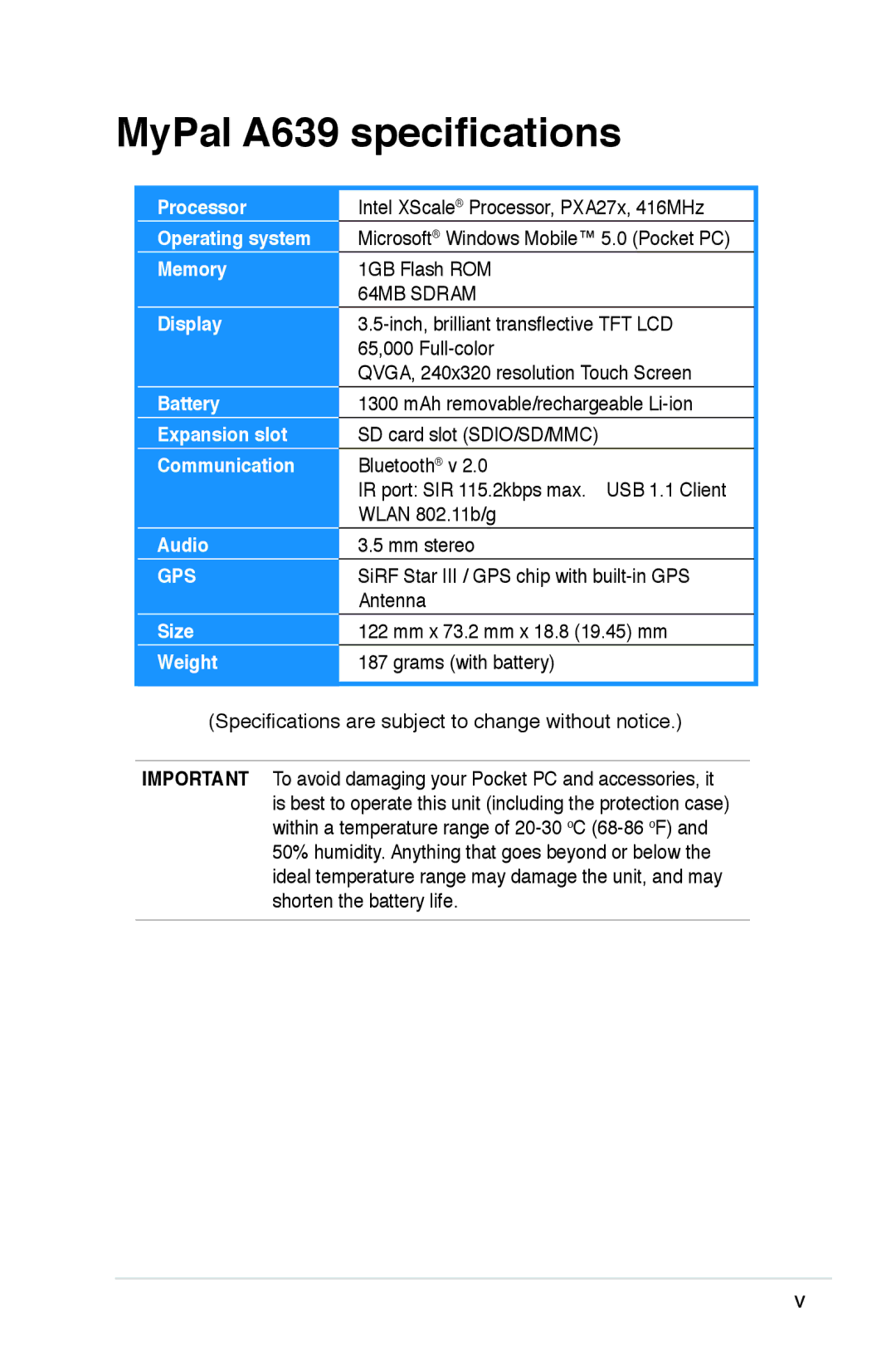 Asus user manual MyPal A639 specifications 