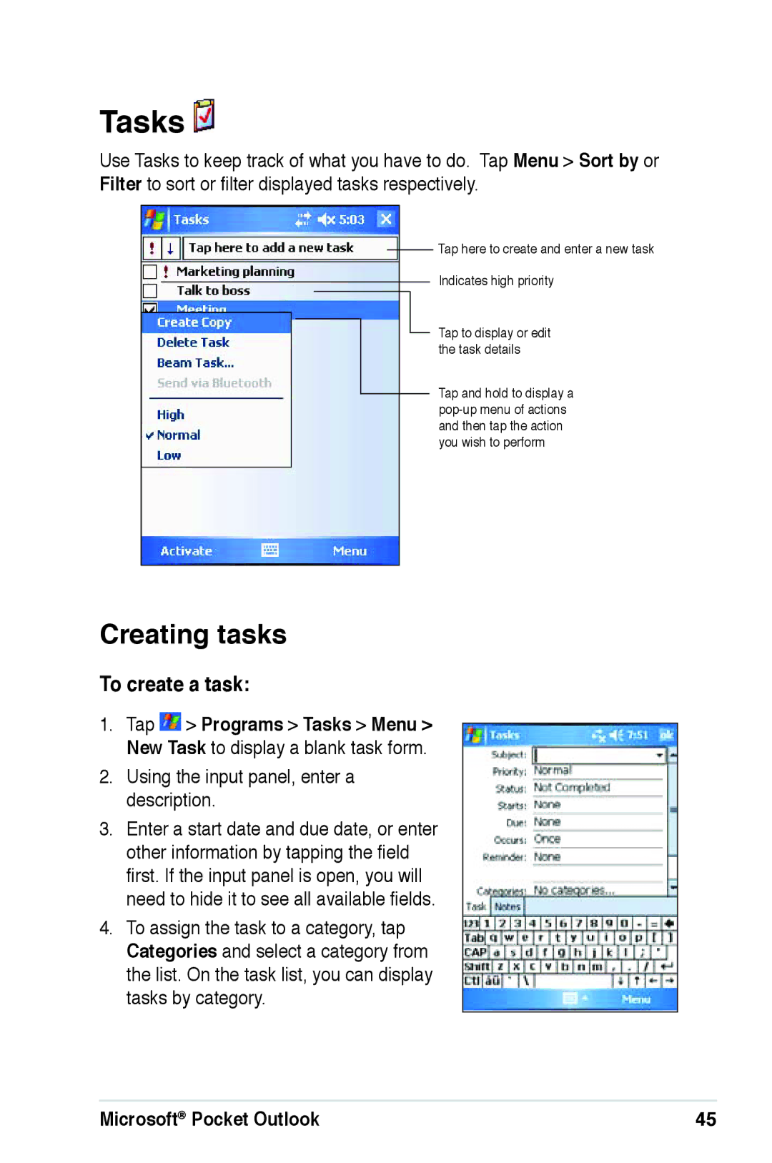 Asus A639 user manual Tasks, Creating tasks, To create a task, Using the input panel, enter a description 