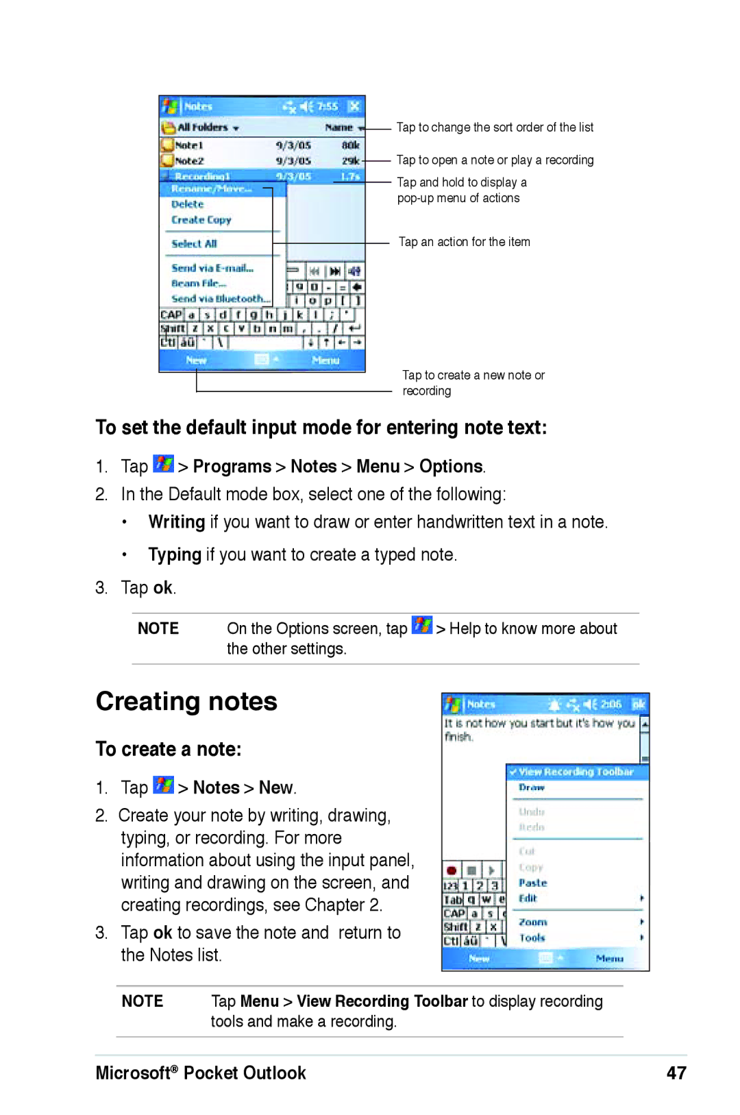 Asus A639 user manual Creating notes, To set the default input mode for entering note text, To create a note 